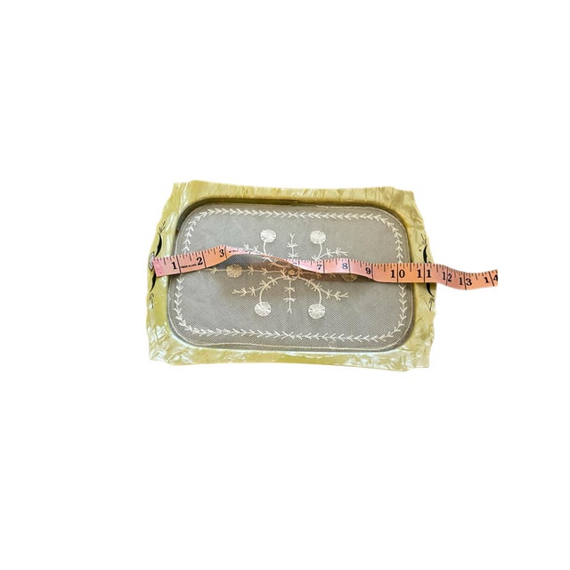 Vintage Art Deco Yellow Luster Celluloid Glass Vanity Dresser Tray Lace Inset For Sale In Baltimore - Image 6 of 7