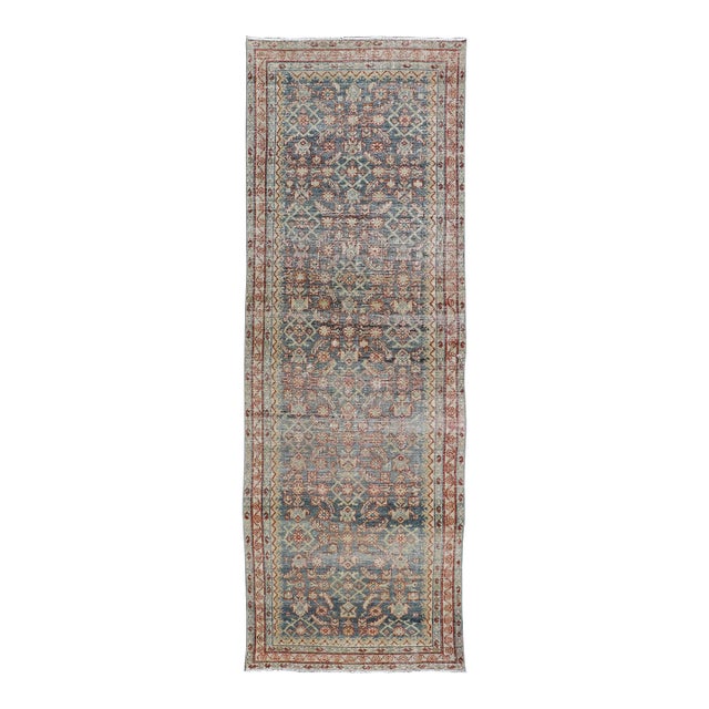 Early 20th Century Antique Persian Malayer Gallery Runner With All-Over Design in Gray, Steel Blue and Multi Colors For Sale