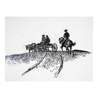 Mid 20th Century Eugene Shortridge Cowboy & Wagon Pen & Ink Western Drawing For Sale