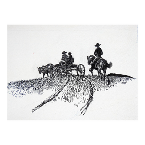 Mid 20th Century Eugene Shortridge Cowboy & Wagon Pen & Ink Western Drawing