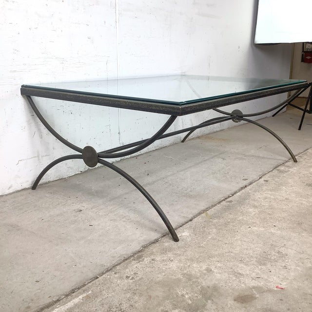 Modern Sculptural Patinated Iron and Beveled Glass Coffee Table For Sale - Image 3 of 14