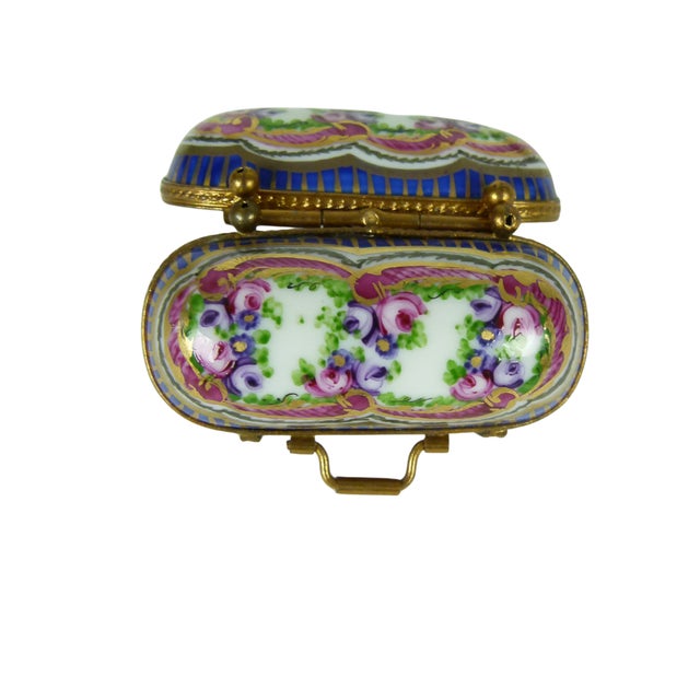 Blue Limoges France Porcelain Suitcase Trinket Box | Hand Painted Floral Carpet Bag | Valise | Purse | Footed For Sale - Image 8 of 13