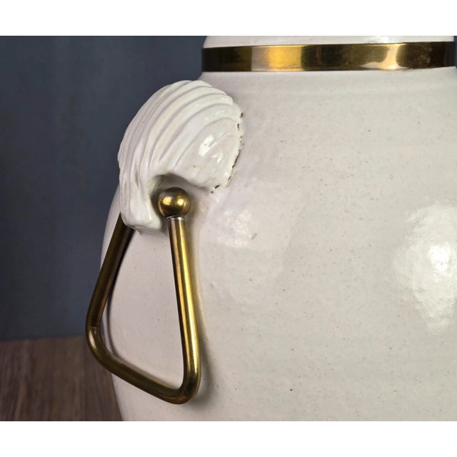 Vintage Hart & Associates Brass & White Pottery Table Lamp W Sea Shell Handles For Sale - Image 9 of 13