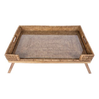 Artifacts Rattan Breakfast Tray/Table in Honey Brown with Glass For Sale