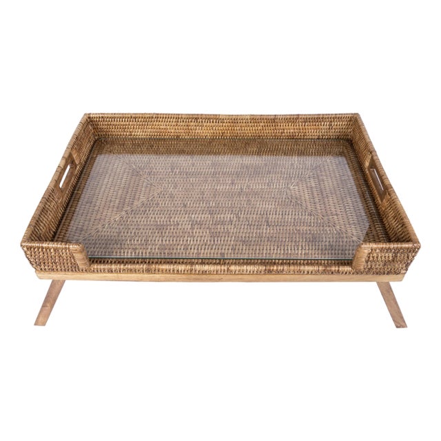 Artifacts Rattan Breakfast Tray/Table in Honey Brown with Glass For Sale