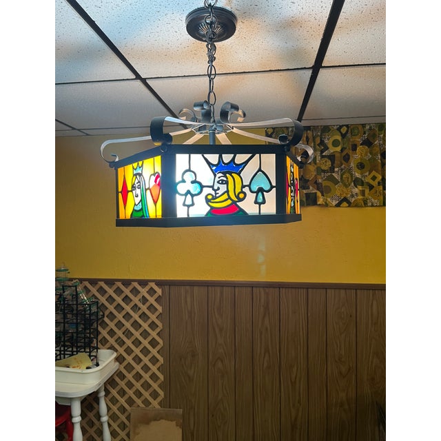 1970s 1970s Vintage Hexagonal Leaded Slag Glass Playing Card Poker 3-Light Pendant Chandelier For Sale - Image 5 of 5