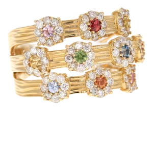 1.36 Carat Natural Multi Color Sapphire Diamond Yellow Gold Cocktail Ring Size 7