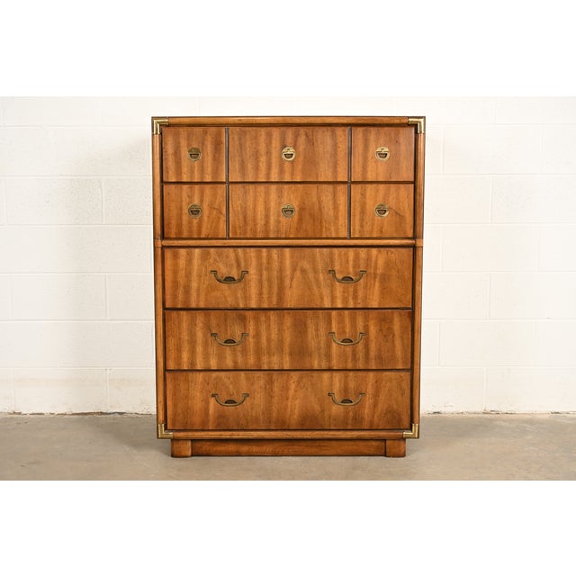 Drexel Heritage Mid-Century Modern Hollywood Regency Campaign Walnut Highboy Dresser, 1970s For Sale - Image 15 of 15