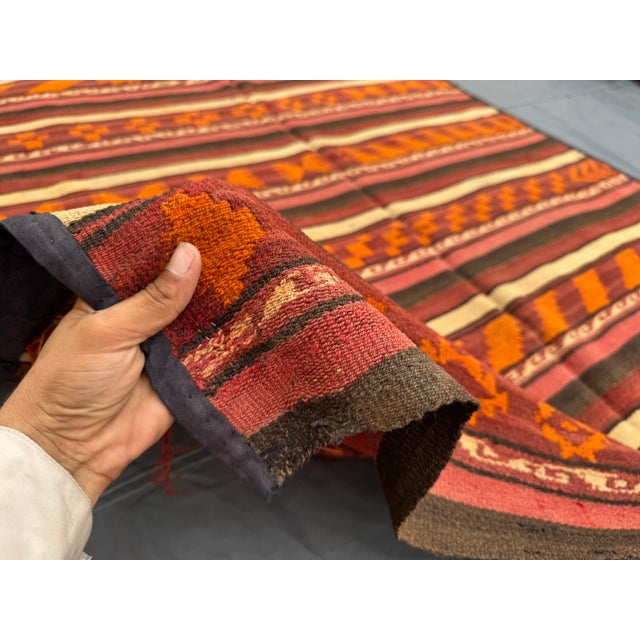 Textile Vintage Distressed Flat Weave Kilim Runner Rug, Earthy Red Orange Geometric Stripes Rug For Sale - Image 7 of 10