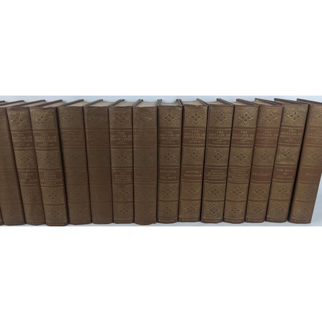 Textile 1924 the Outline of Knowledge 19-Volume Brown & Gold Gilt Decorative Book Set For Sale - Image 7 of 15