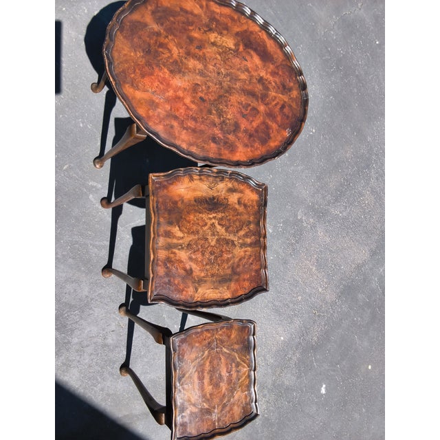 1940s Vintage Burlwood Walnut Bevan Funnell Reprodux Nesting Tables Set of 3 For Sale - Image 5 of 5