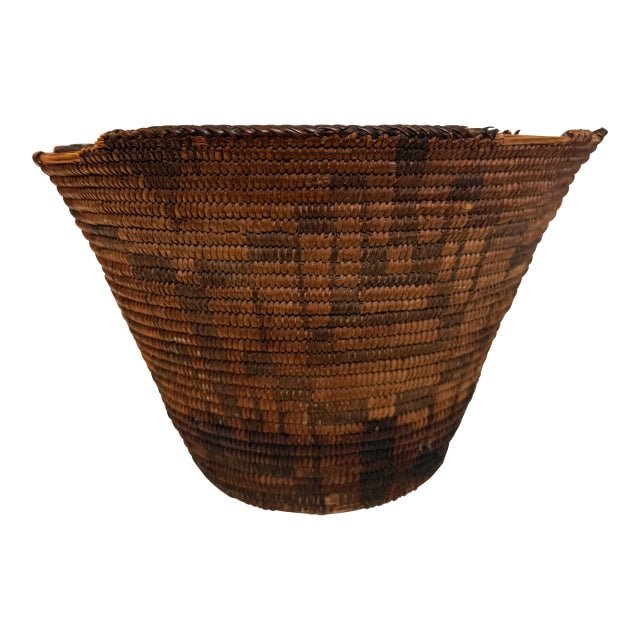 Antique Western Apache Coiled Storage Basket - 12” Hand Woven in the Style of Native American Art For Sale