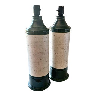 Signed Bitossi for Bergboms Large Creme and Green Ceramic Table Lamps - A Pair For Sale