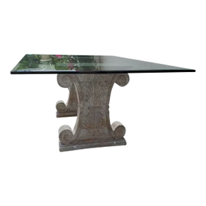 1980s Vintage Beveled Edge Glass Top Dining Table on Cast Stone Scroll Pedestals