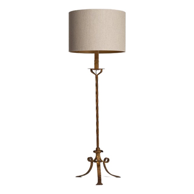 1940-1949 France Antique Brass Tripod Brass Floor Lamp For Sale