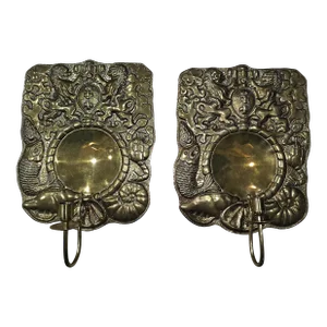 Swiss Coat of Arms Lion Heraldry Sconces Repousse Brass Candle Sconces, Pair