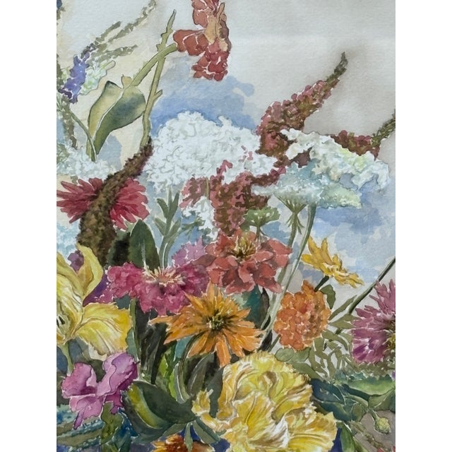 Cornflower Blue 1980s Large Watercolor of Wildflowers and Zinnias in a Watering Can by Dan Suddath For Sale - Image 8 of 8