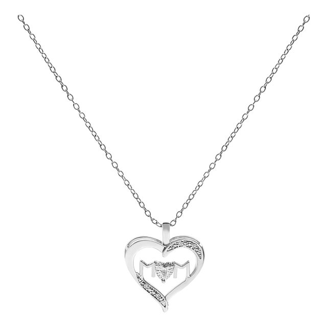 .925 Sterling Silver Diamond Accent MOM with Heart Pendant Necklace (J-K Color, I2-I3 Clarity) - 18" Inches For Sale