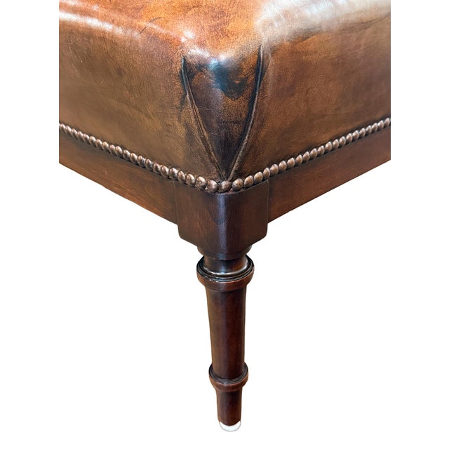 Wood French Leather Ottoman Seat or Stool on Turned Walnut Frame For Sale - Image 7 of 11