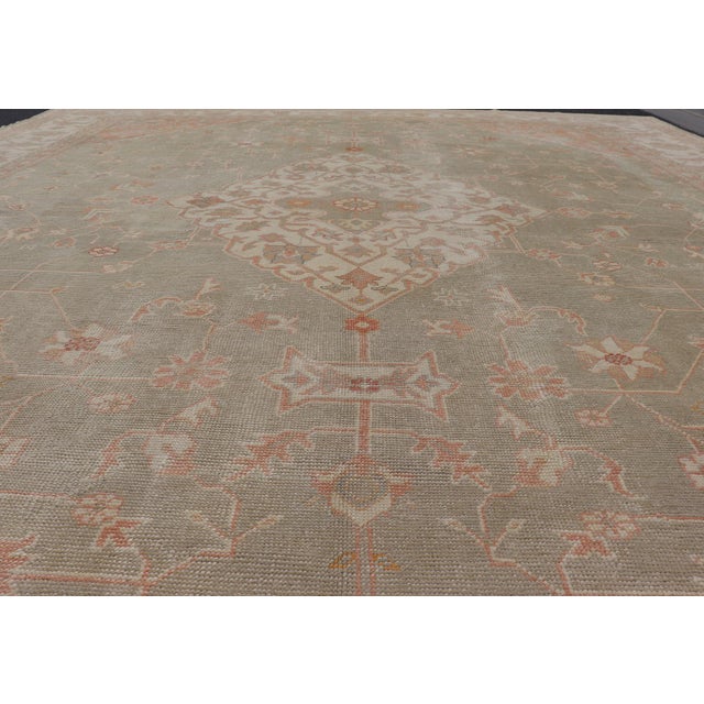 Large Antique Turkish Oushak With Medallion in Green and Pink 13'4 X 16'4 For Sale - Image 4 of 12