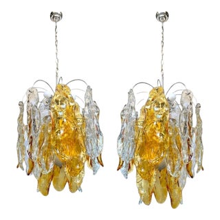 1960s Pair of Amber Murano Glass Leaf Chandeliers in the Style of Mazzega For Sale