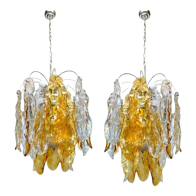 1960s Pair of Amber Murano Glass Leaf Chandeliers in the Style of Mazzega For Sale