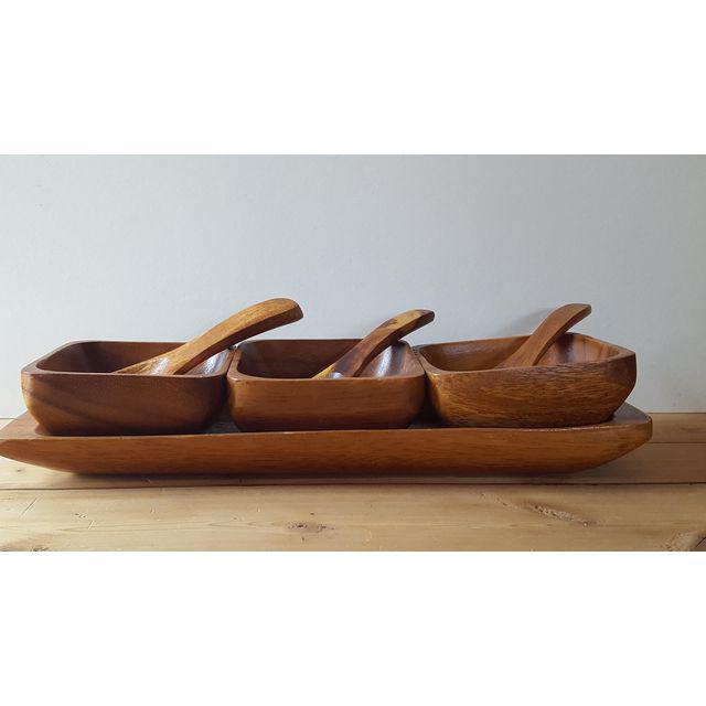 1970s Boho Chic Wooden Serving Dishes and Spoons on Tray 7 Piece Set