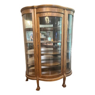 Antique Oak Curved-Glass China Cabinet For Sale