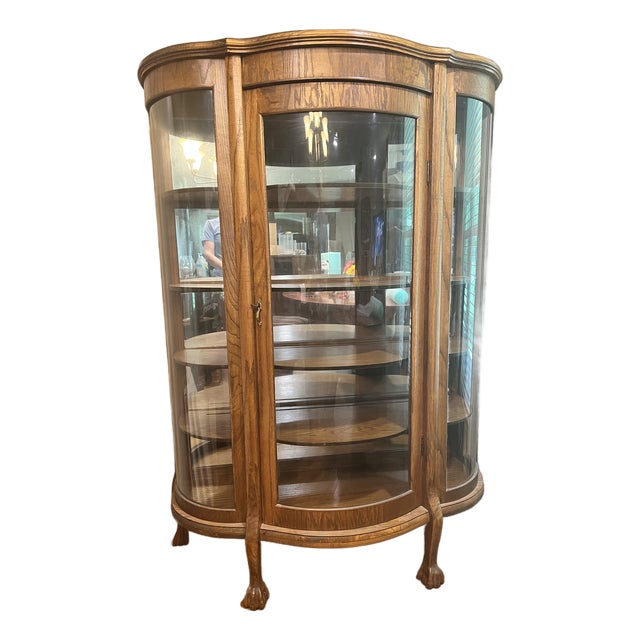 Antique Oak Curved-Glass China Cabinet For Sale