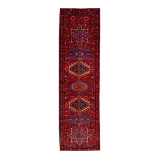 3 X 11 Handmade Vintage Persian Wool Runner in Red With TRibal Design For Sale
