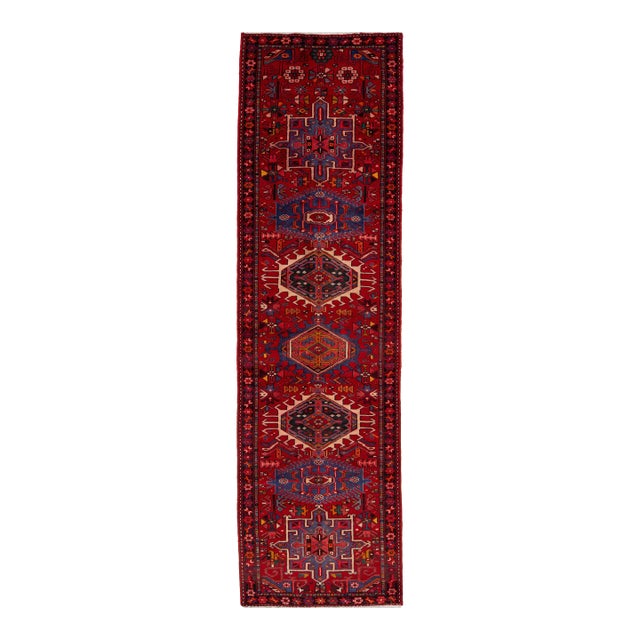 3 X 11 Handmade Vintage Persian Wool Runner in Red With TRibal Design For Sale