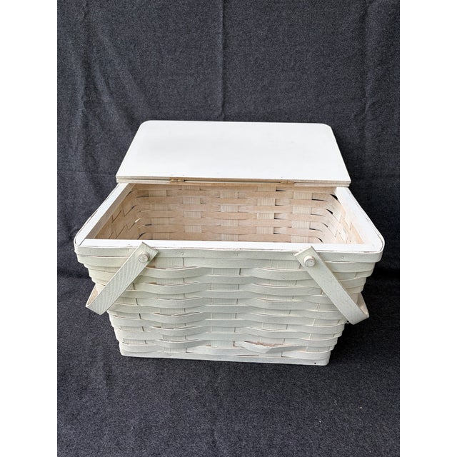 Boho Chic Vintage Painted Splint Wood Picnic Basket For Sale - Image 3 of 15