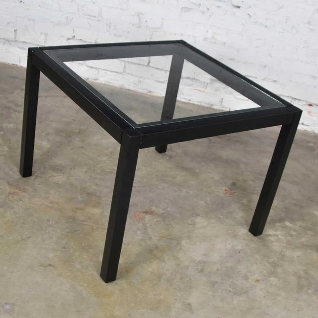 Vintage Modern Blackened Oak Square Parsons Style Side Table With Glass Top For Sale - Image 4 of 13
