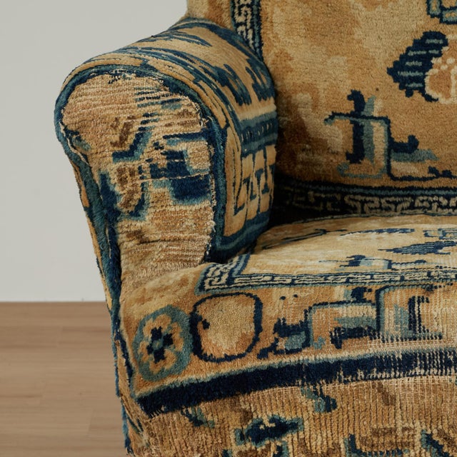 Tan Antique English Victorian Armchair Upholstered in a Chinese Rug For Sale - Image 8 of 14