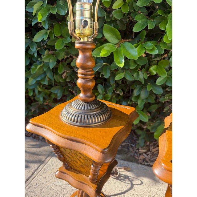 Wood Vintage Matching Wood Table Lamps With Amber Glass Night Lights - a Pair For Sale - Image 7 of 12