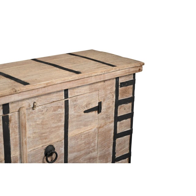 Vintage Indian Teakwood and Iron Pitara Chest, reduced in depth to make a buffet cabinet. The teakwood has been bleached...