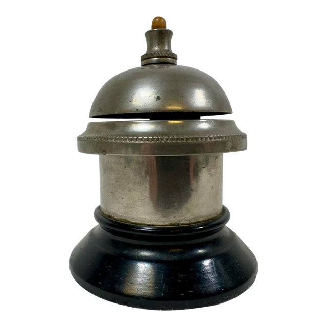 Antique Wind Up Front Desk Bell With Wooden Base From France - Circa 1900 For Sale