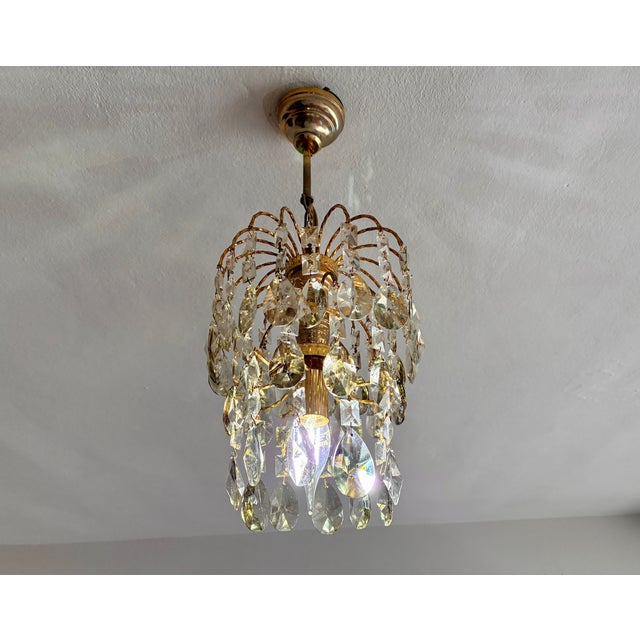 Glass 1970s French Style Hand-Painted Soft Green Crystal Waterfall Brass Chandelier For Sale - Image 7 of 9