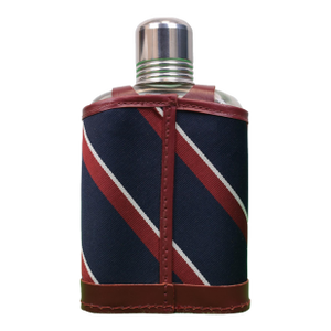 Vintage Abercrombie & Fitch Glass Flask With Leather & Navy & Burgundy Repp Stripe Silk Lining