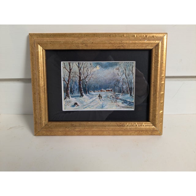 1920s Framed Artist Watercolor Snow Scene by W.C. Vincent – 9" x 7" Artist: W.C. Vincent Era: 1920s Medium: Watercolor on...
