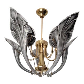 Vintage Black Murano Glass Vintage Chandelier, Lily Floral 1980s 5-Light Flush Mount For Sale