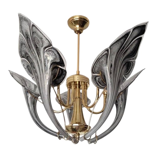 Vintage Black Murano Glass Vintage Chandelier, Lily Floral 1980s 5-Light Flush Mount For Sale
