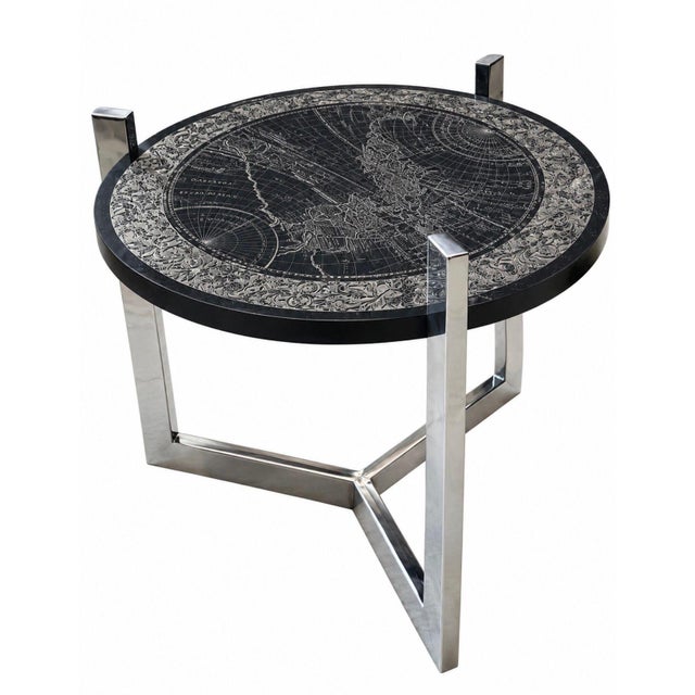 Etched Slate and Chrome Magellan World Map Side/End Table, 1970’s. Measures 1.25” tall 24” diameter