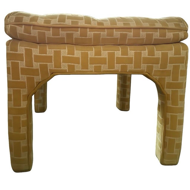 Vintage Golden Yellow Velvet Tufted Ottoman Basketweave MCM Milo Baughman Style For Sale - Image 4 of 10