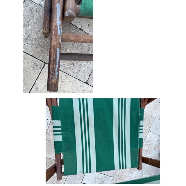 Mid 20th Century Folding Patio Chairs Pair – Stained Wood With Green & White Canvas, A Pair For Sale - Image 9 of 12