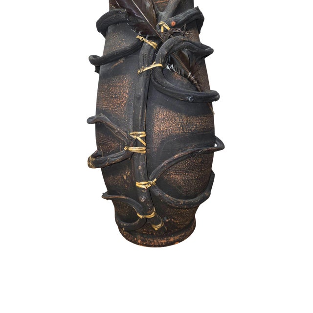 Mid 20th Century Handmade Primitive Clay Vase W/ Wrapped Vine & Feather | Tribal Boho Rustic Deco For Sale - Image 4 of 13