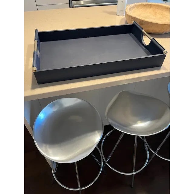 Contemporary Ralph Lauren Leather Tray, Smooth Calf Leather, Polished Brass Handles, Navy, Brand New For Sale - Image 3 of 11