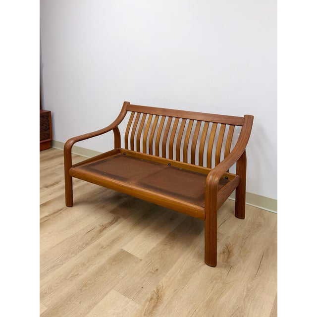 MCM Danish Modern Cognac Color Two Seat Couch Curved Bench Sculptural Seating For Sale - Image 4 of 14