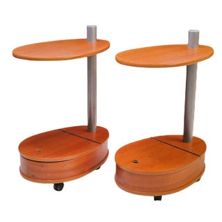 Vintage Side Tables in Cherry Wood on Castors, Set of 2 For Sale