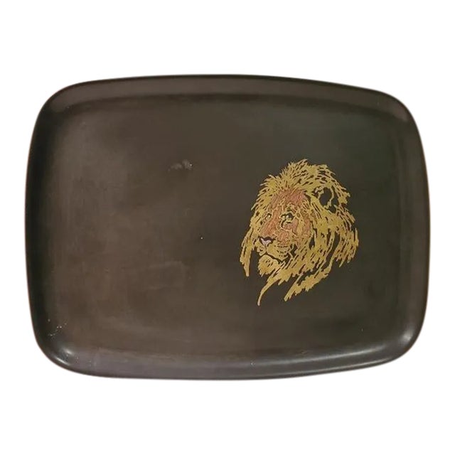 Couroc Lion Head Vintage Metal Inlay Serving Tray | Chairish
